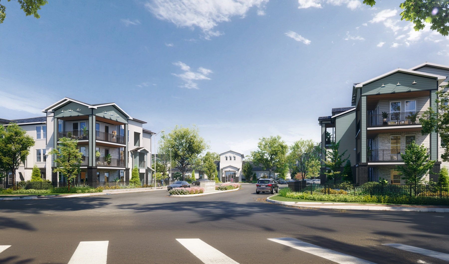 a street with buildings and trees